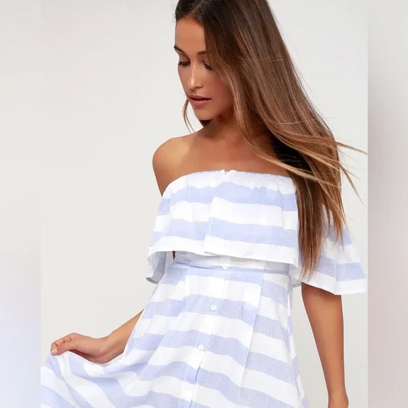 Lulus Transatlantic Voyage Blue and Ivory Striped Midi Dress - Picture 4 of 5